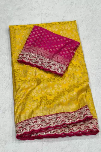 Yellow Color Heavy Chinon Silk Traditional Saree