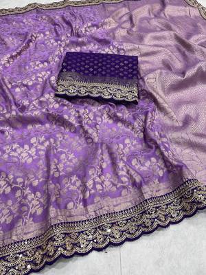 Lavender Color Heavy Chinon Silk Traditional Saree 1