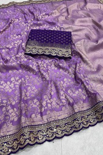 Lavender Color Heavy Chinon Silk Traditional Saree