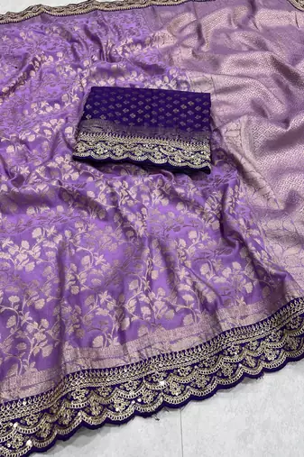 Lavender Color Heavy Chinon Silk Traditional Saree