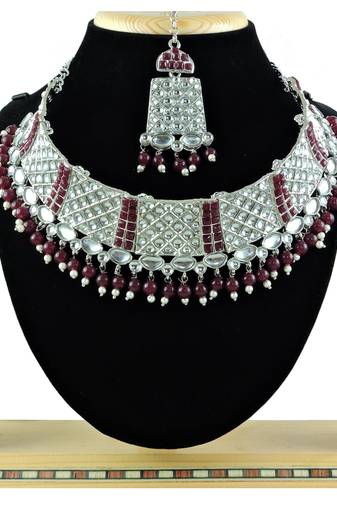 Maroon designer function wear ad necklace set