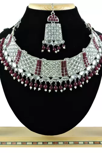 Maroon designer function wear ad necklace set
