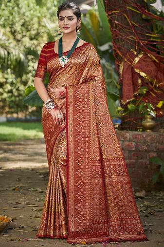 maroon silk blend woven work saree