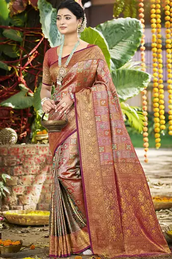 multi color silk blend woven work saree