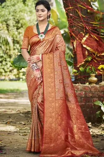 mustard silk blend woven work saree