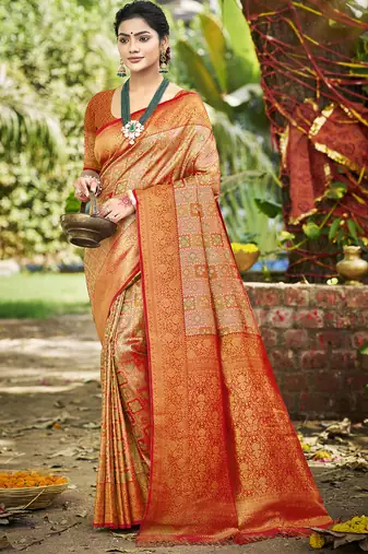 orange silk blend woven work saree