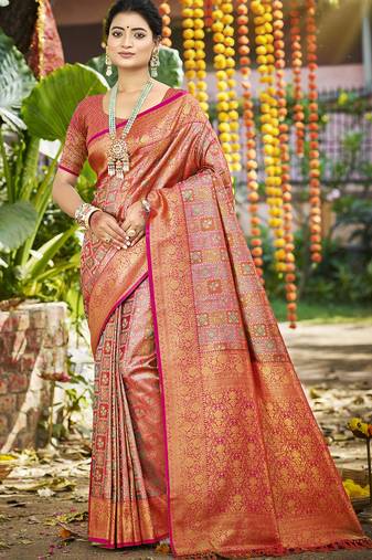 pink silk blend woven work saree