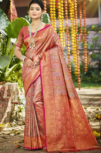 pink silk blend woven work saree