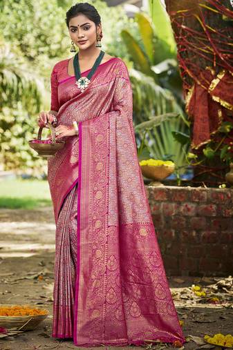 dark pink silk blend woven work saree