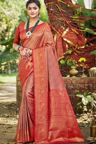 red silk blend woven work saree