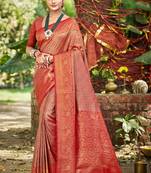 red silk blend woven work saree