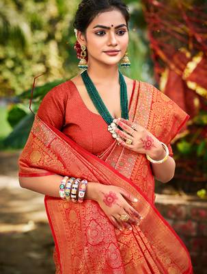 red silk blend woven work saree 2