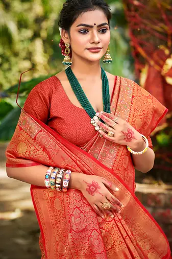 red silk blend woven work saree