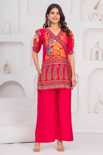 Rani pink floral printed silk short kurti with flared palazzo