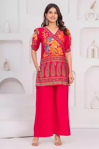 Rani pink floral printed silk short kurti with flared palazzo