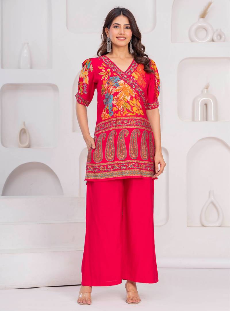 Rani pink floral printed silk short kurti with flared palazzo