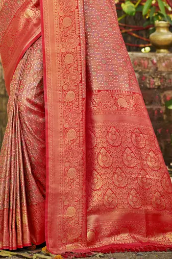 red silk blend woven work saree
