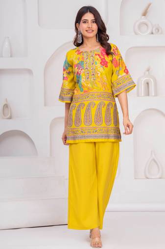 Yellow floral printed silk short kurti with flared palazzo