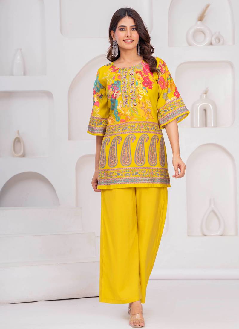 Yellow floral printed silk short kurti with flared palazzo