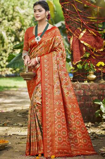 red silk blend woven work saree