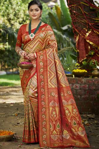 red silk blend woven work saree