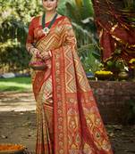 red silk blend woven work saree