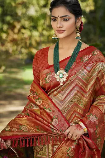 red silk blend woven work saree