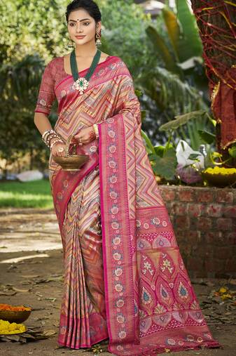 pink silk blend woven work saree