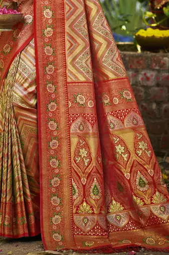 red silk blend woven work saree