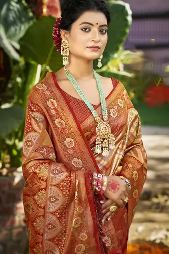 maroon silk blend woven work saree