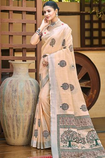 peach linen woven work saree