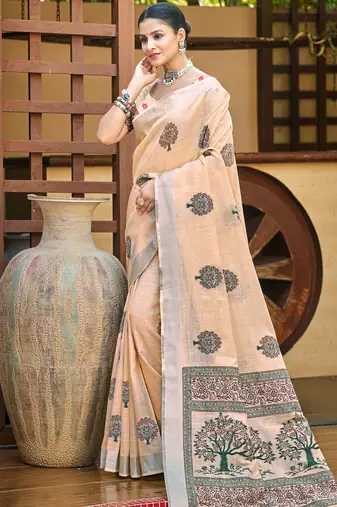 peach linen woven work saree