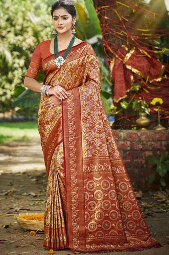 maroon silk blend woven work saree