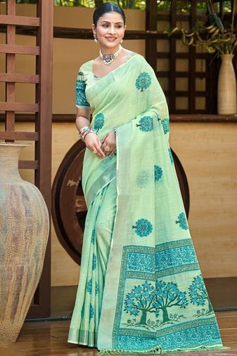 green linen woven work saree