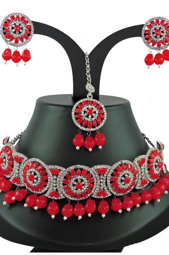 Red designer function wear ad necklace set