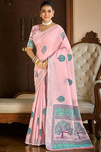dark pink linen woven work saree
