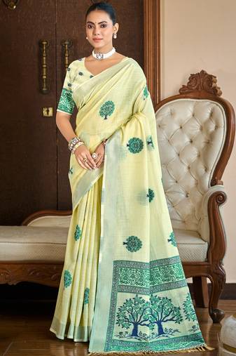 yellow linen woven work saree