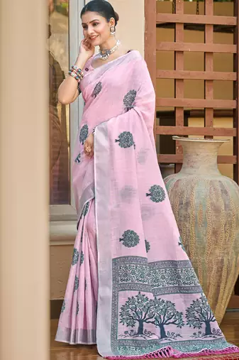 pink linen woven work saree