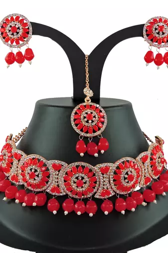 Red designer function wear ad necklace set