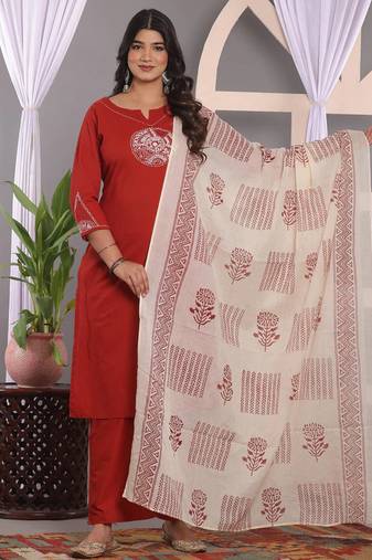 Cornell Red Embroidered Cotton Kurta and Pant Set with Dupatta