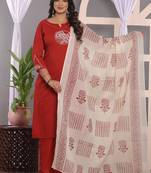 Cornell Red Embroidered Cotton Kurta and Pant Set with Dupatta