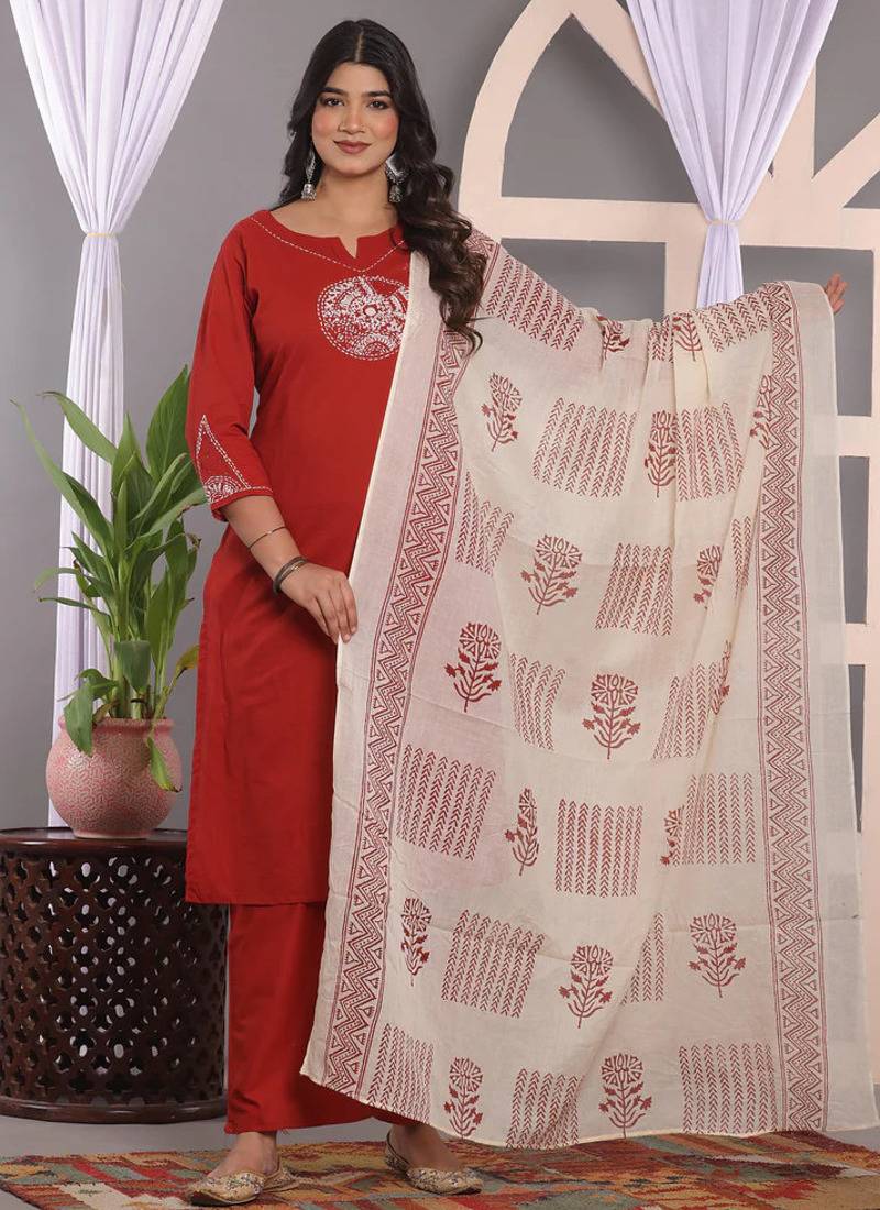 Cornell Red Embroidered Cotton Kurta and Pant Set with Dupatta