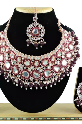 Maroon designer function wear ad necklace set