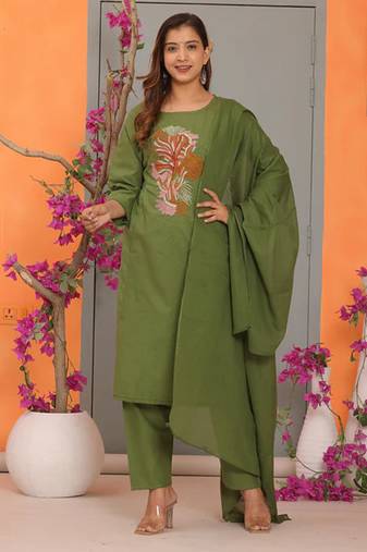 Green Embroidered Cotton Kurta and Pant Set with Dupatta