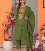 Green Embroidered Cotton Kurta and Pant Set with Dupatta
