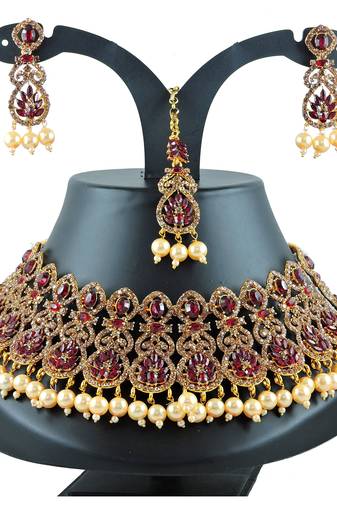 Maroon designer function wear ad necklace set