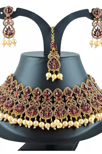 Maroon designer function wear ad necklace set