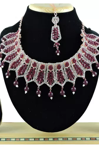 Maroon designer function wear ad necklace set