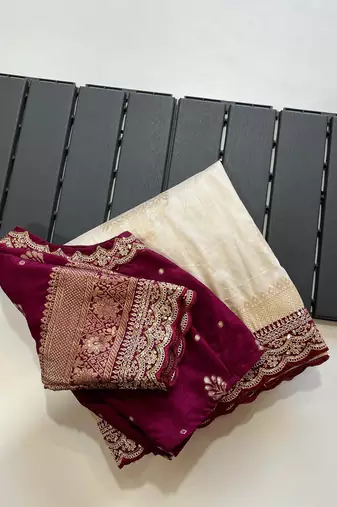Off-White Color Premium Heavy Dola Silk Wedding Saree