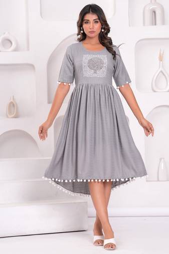 Hand block rayon dobby fabric shot  high-low dress